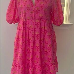 Girls' Pink Floral Puff-Sleeve Dress